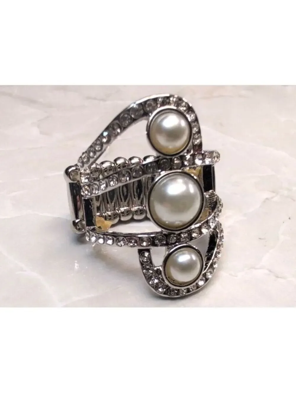 New Adjustable Silver Tone Faux Pearl Accent Stretch Ring Rhinestones Wedding